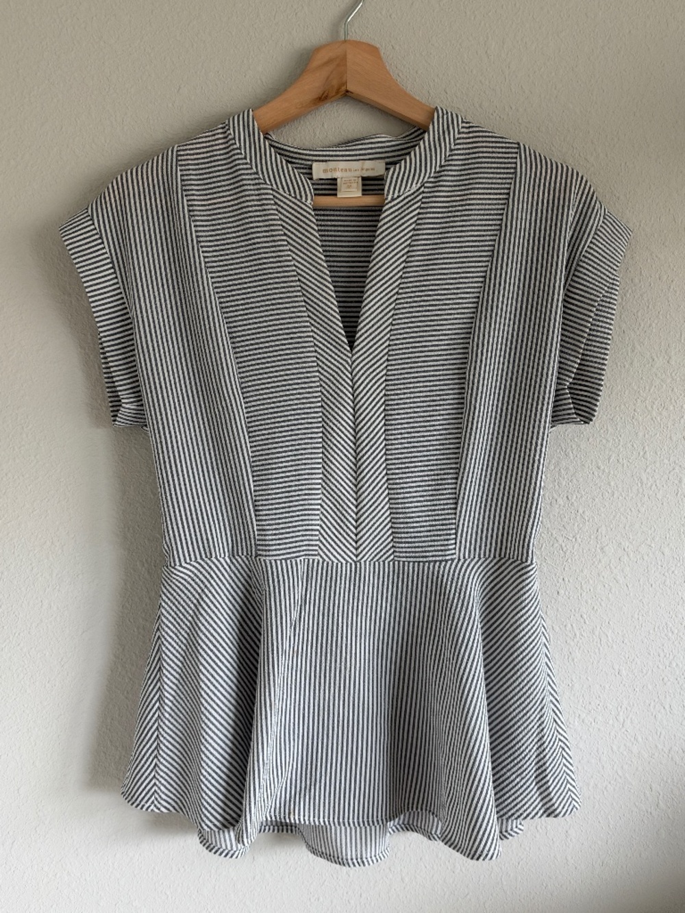 Monteau Blue White Striped Peplum Blouse V Neck Size S